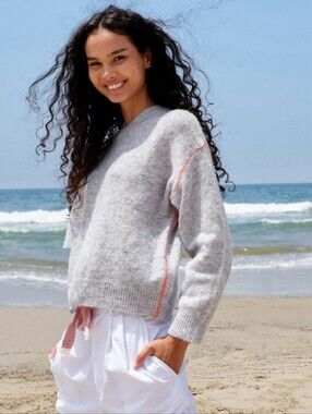 Sundry Light Gray Crewneck Sweater with Yellow Trim